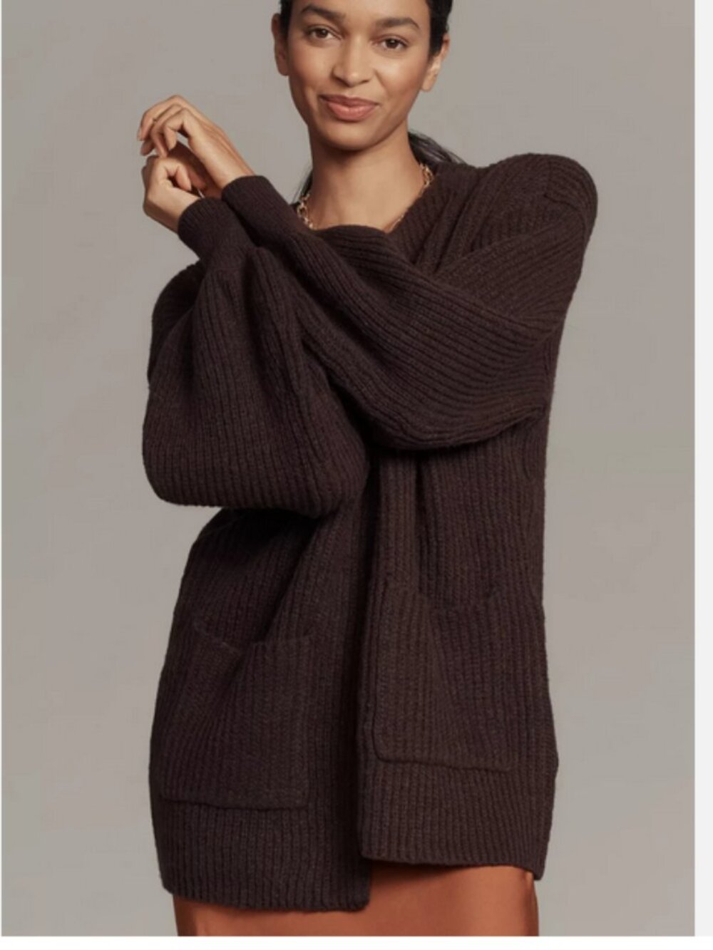 Anthopologie Flat White Cozy Crew-Neck Cardigan Sweater Chocolate Brown OS NWT - Picture 3 of 7